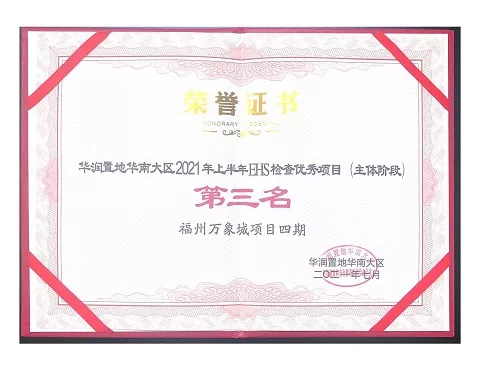 华润万象城四期荣获EHS检查优秀项目 主体阶段 第三名